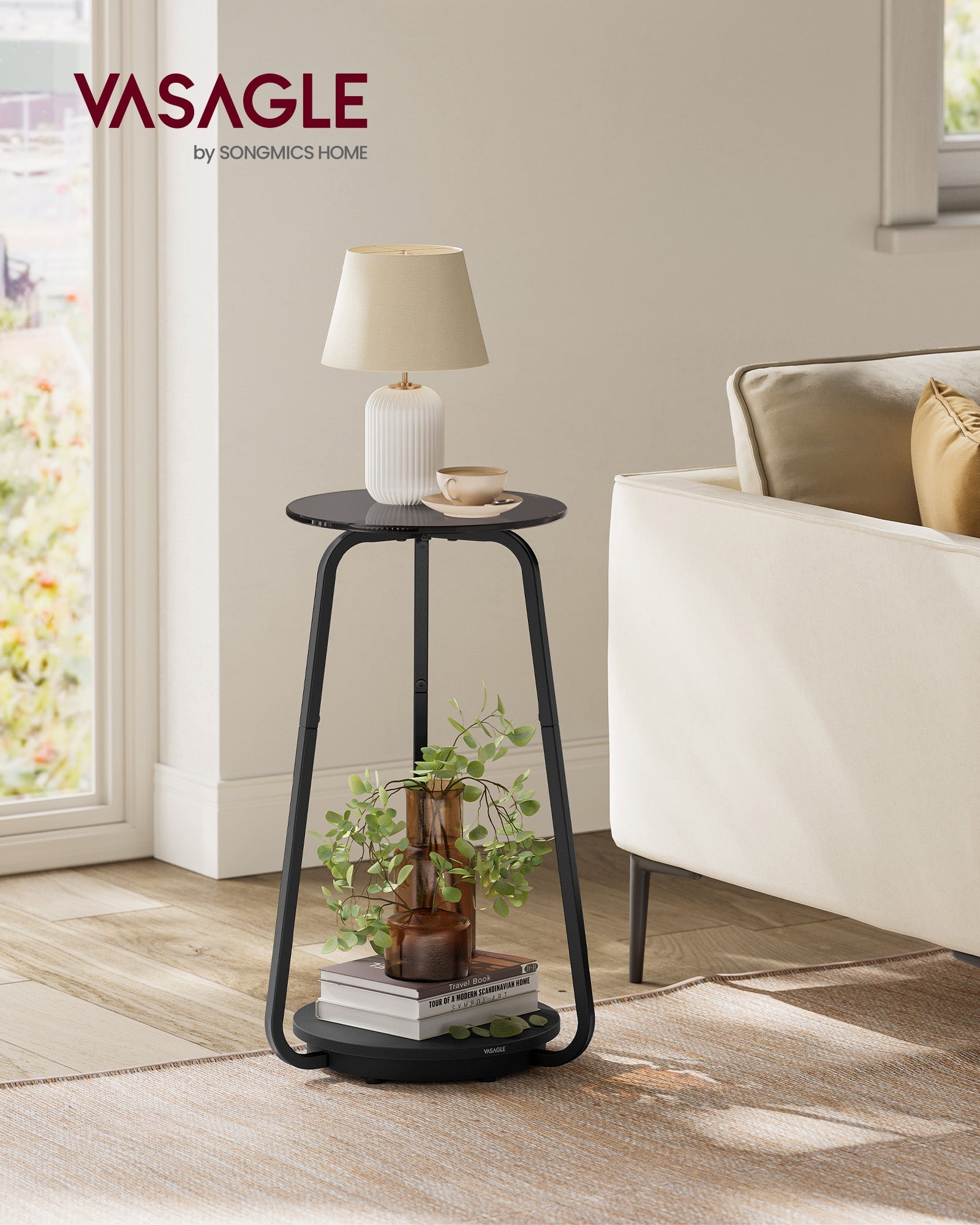 2-Tier Round Side Table – Particleboard and Glass – Slate Grey – Modern Design for Living Room and Bedroom