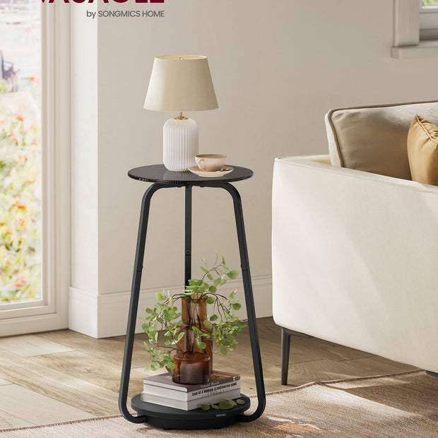 2-Tier Round Side Table – Particleboard and Glass – Slate Grey – Modern Design for Living Room and Bedroom