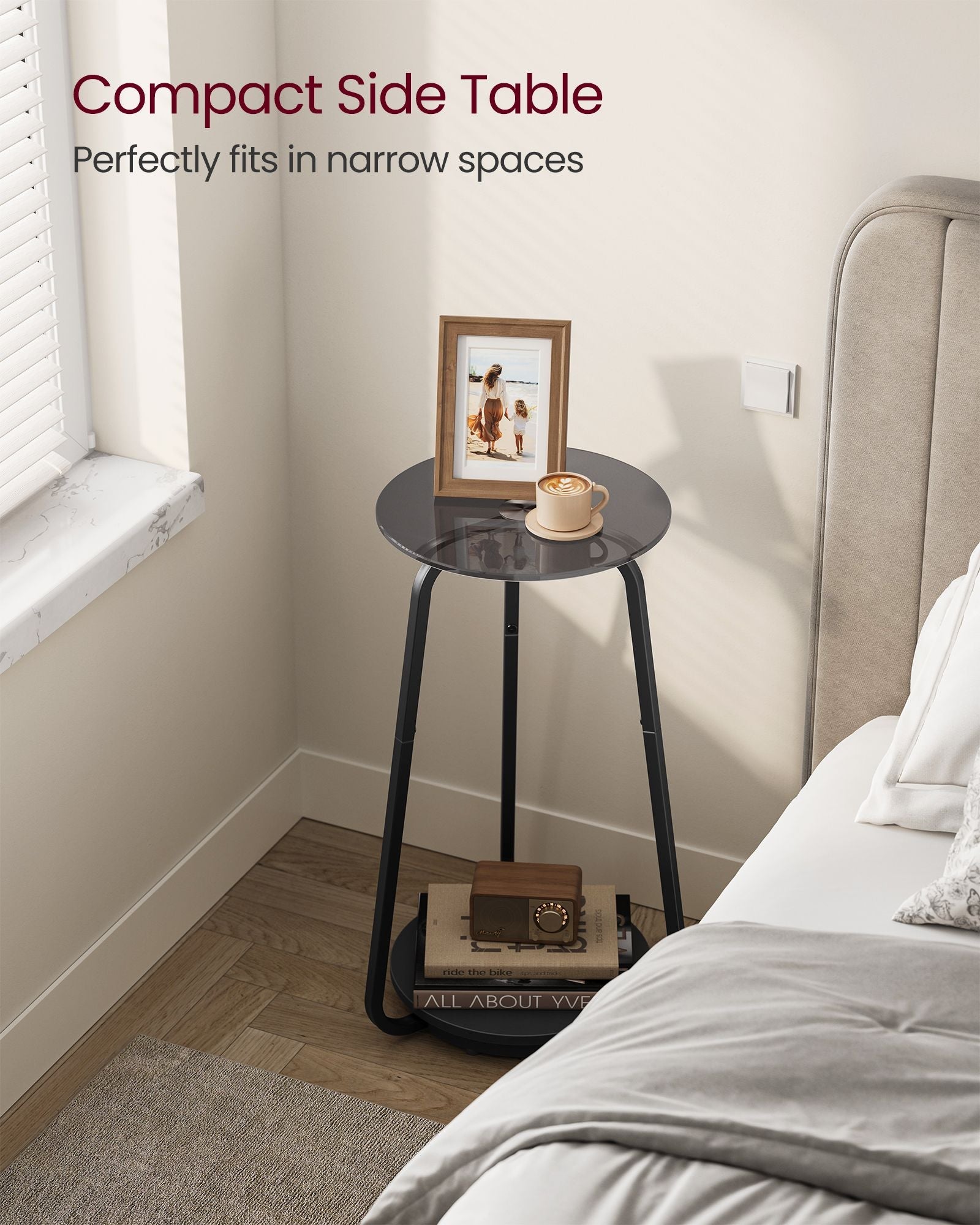 2-Tier Round Side Table – Particleboard and Glass – Slate Grey – Modern Design for Living Room and Bedroom