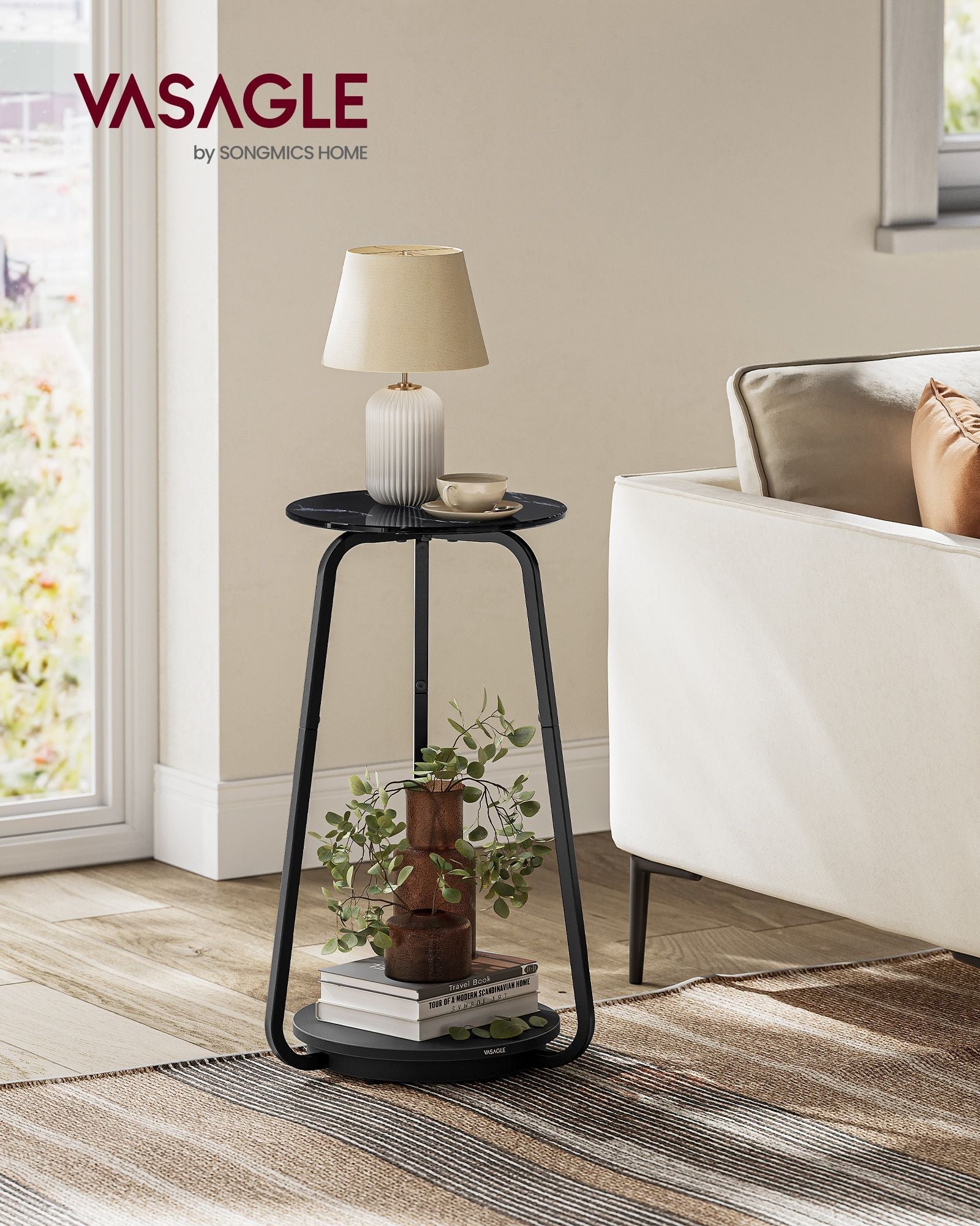 2-Tier Round Side Table – Glass and Particleboard – Marble Black – Modern Design