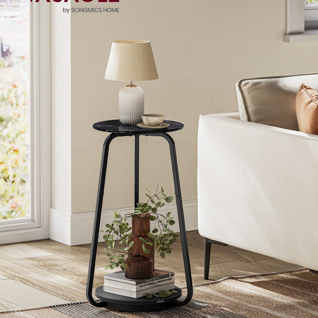 2-Tier Round Side Table – Glass and Particleboard – Marble Black – Modern Design