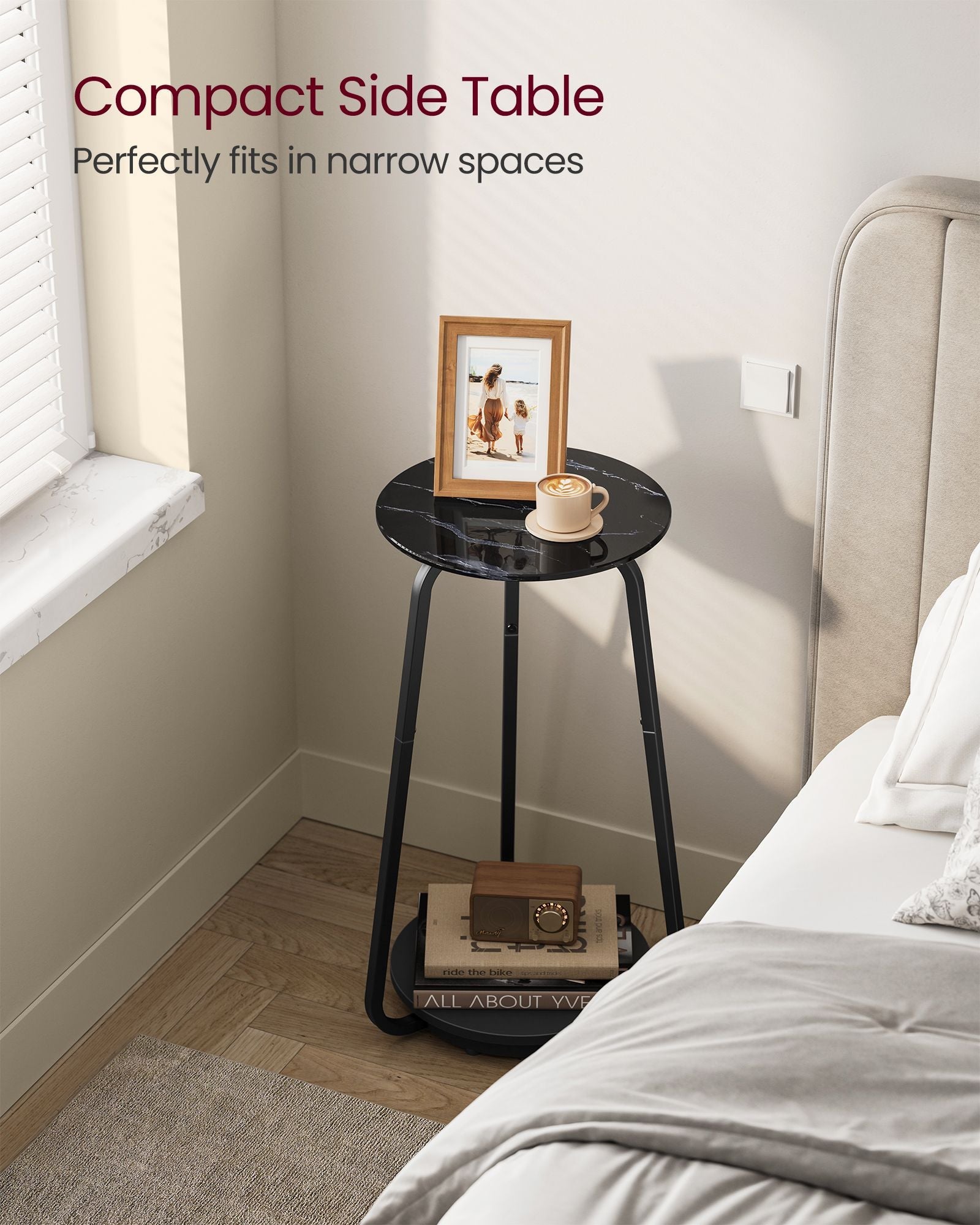 2-Tier Round Side Table – Glass and Particleboard – Marble Black – Modern Design