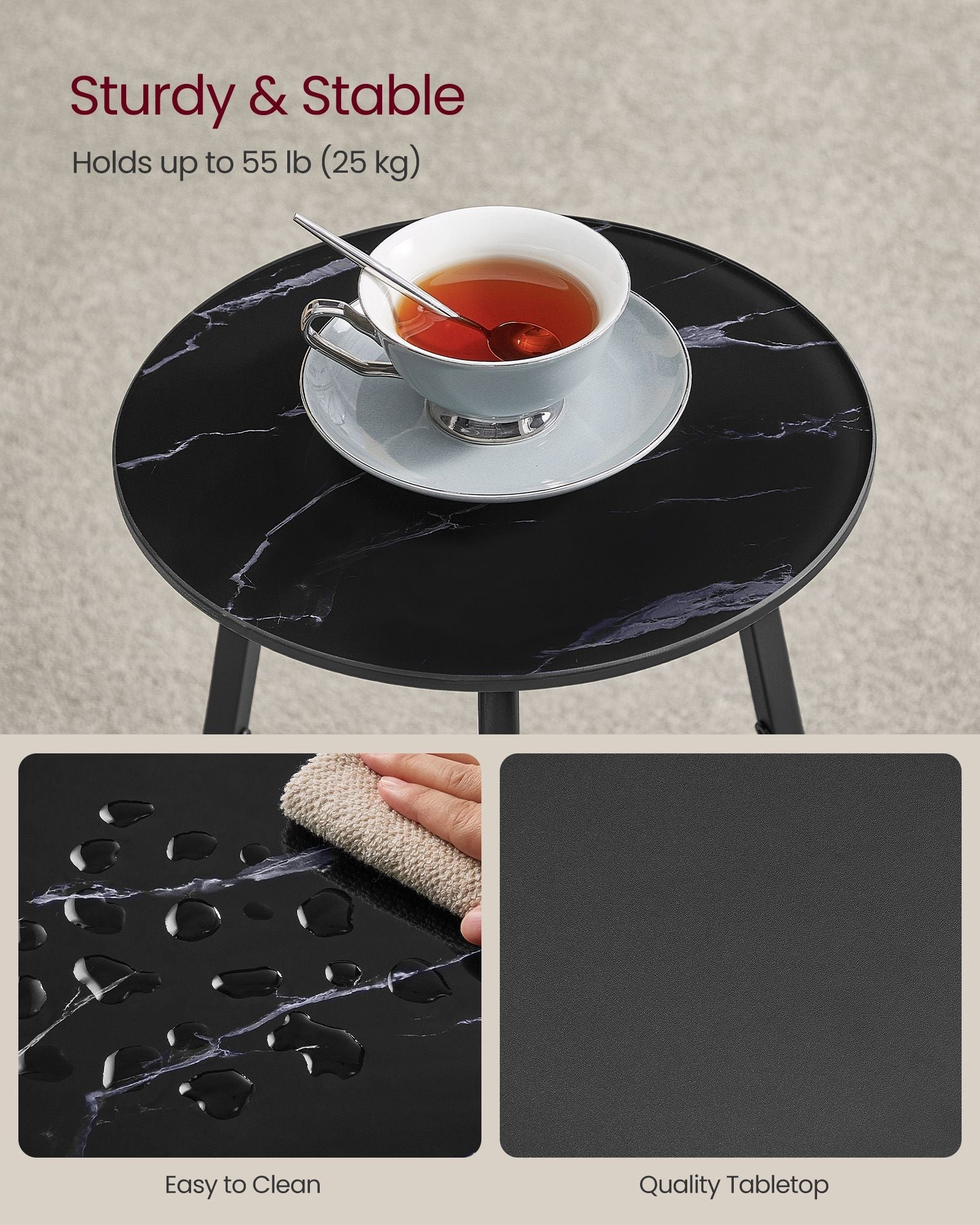 2-Tier Round Side Table – Glass and Particleboard – Marble Black – Modern Design