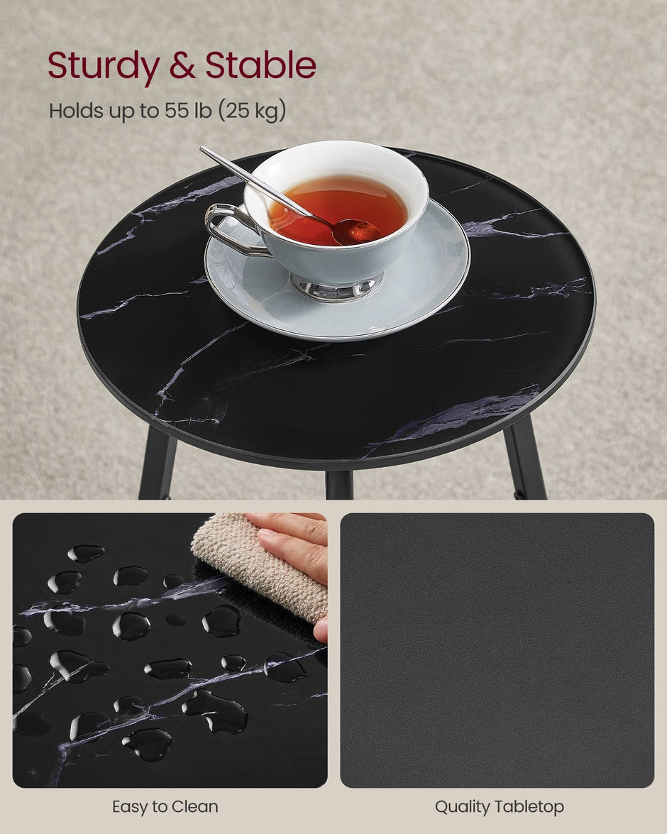 2-Tier Round Side Table – Glass and Particleboard – Marble Black – Modern Design