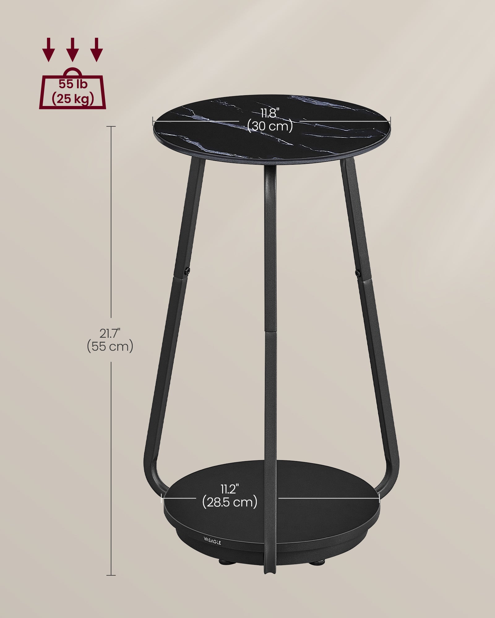 2-Tier Round Side Table – Glass and Particleboard – Marble Black – Modern Design