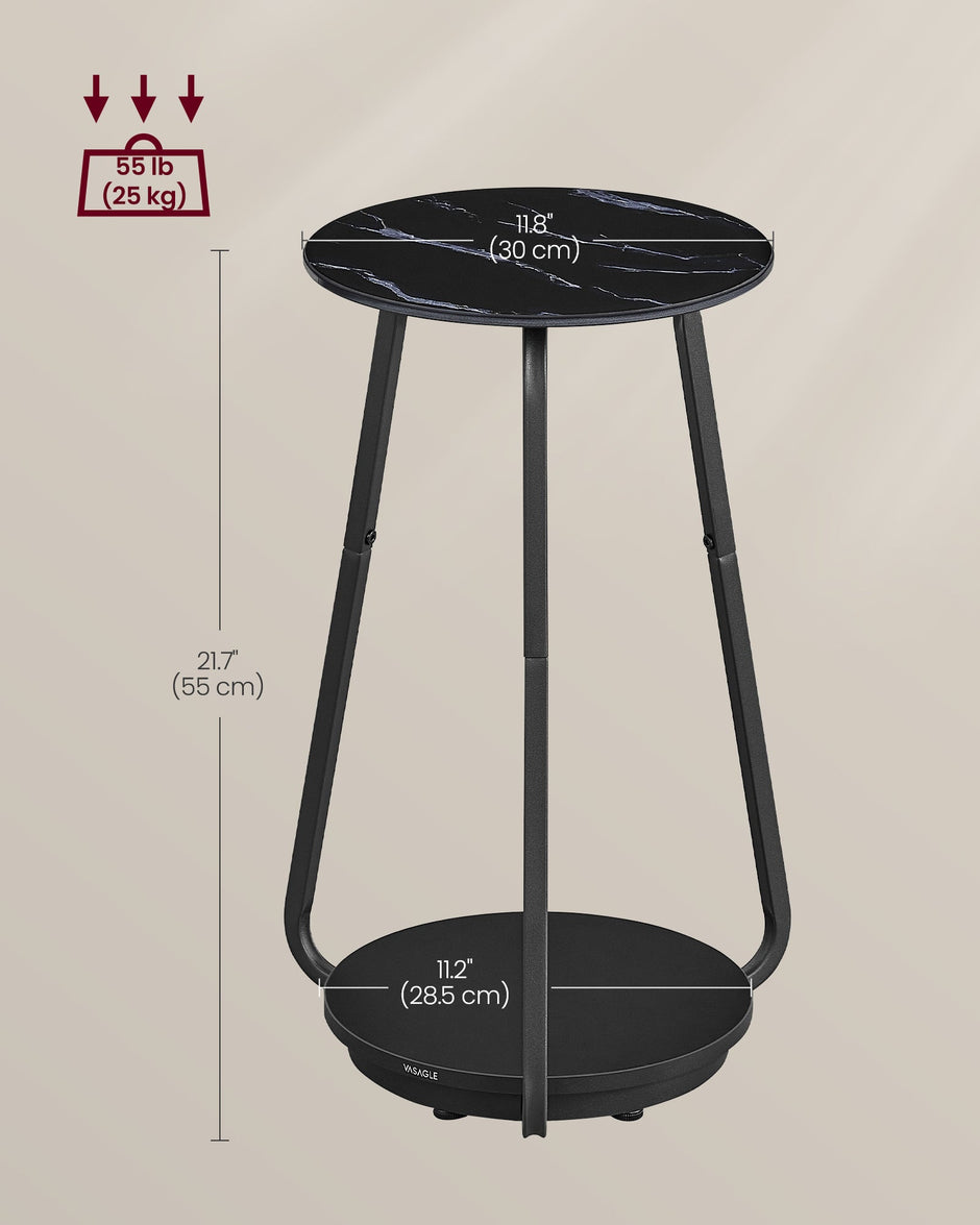 2-Tier Round Side Table – Glass and Particleboard – Marble Black – Modern Design