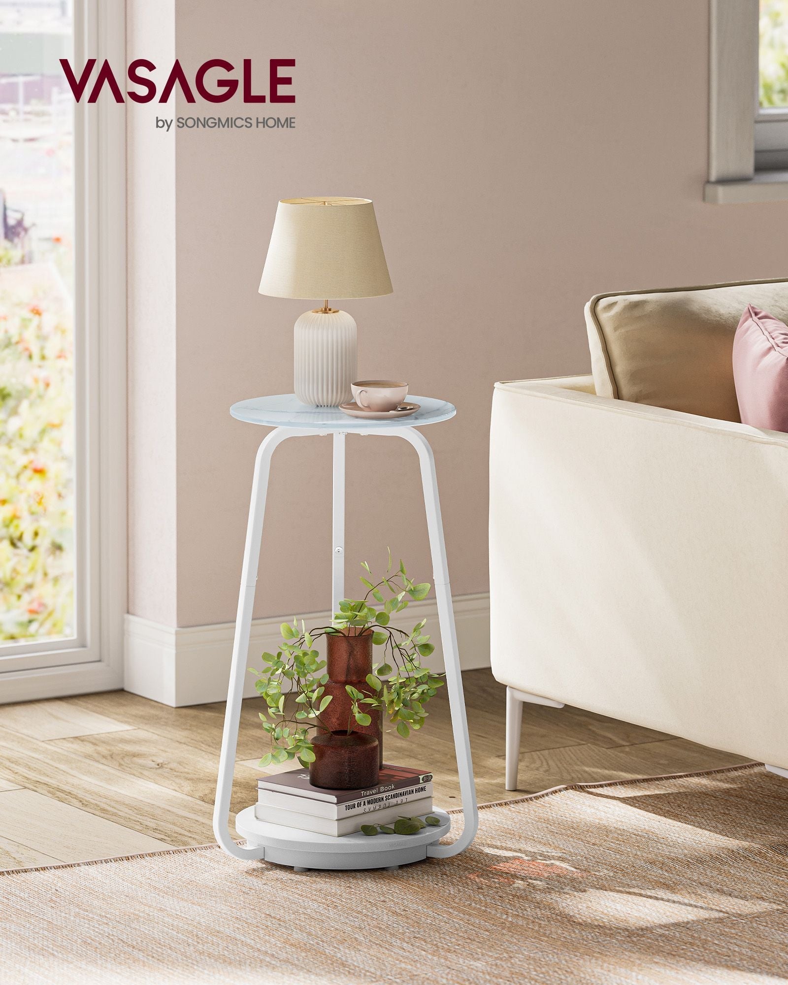 2-Tier Round Side Table – Glass and Particleboard – Marble White – Modern Design for Living Room and Bedroom