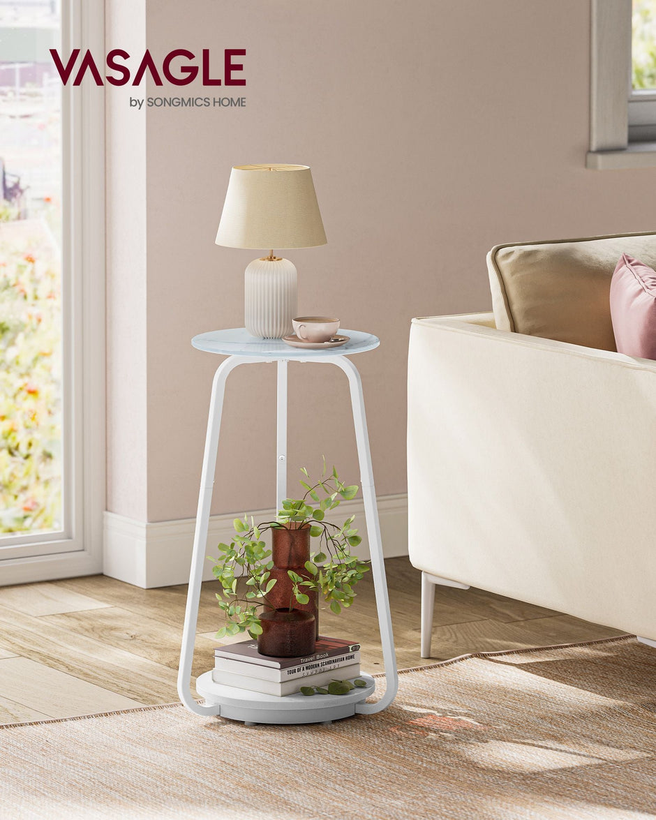 2-Tier Round Side Table – Glass and Particleboard – Marble White – Modern Design for Living Room and Bedroom