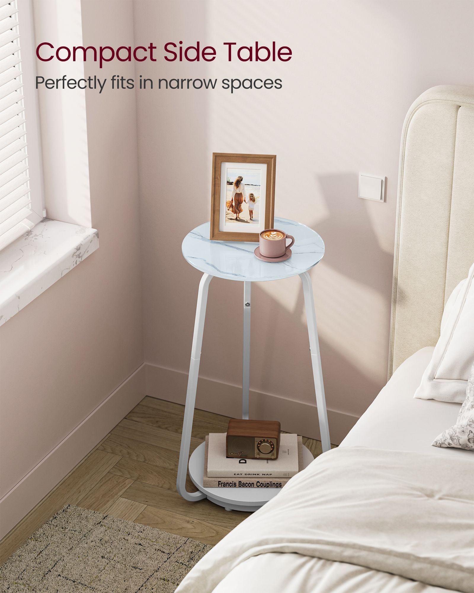 2-Tier Round Side Table – Glass and Particleboard – Marble White – Modern Design for Living Room and Bedroom