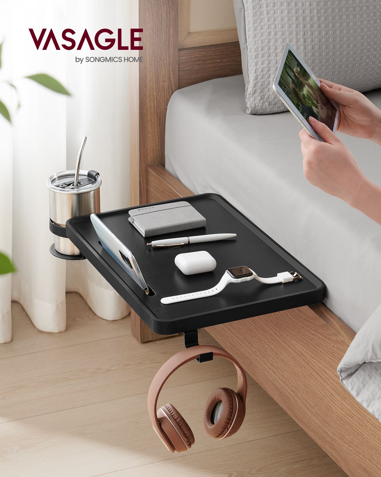 Bedside Shelf – Wood – Ink Black – Mobile Phone Slot, Cup Holder, and Hook