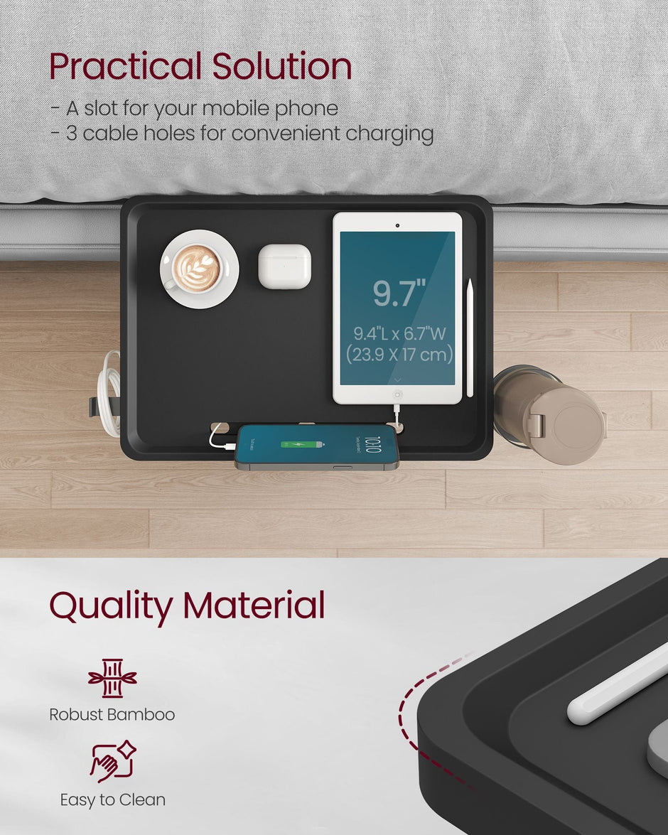 Bedside Shelf – Wood – Ink Black – Mobile Phone Slot, Cup Holder, and Hook