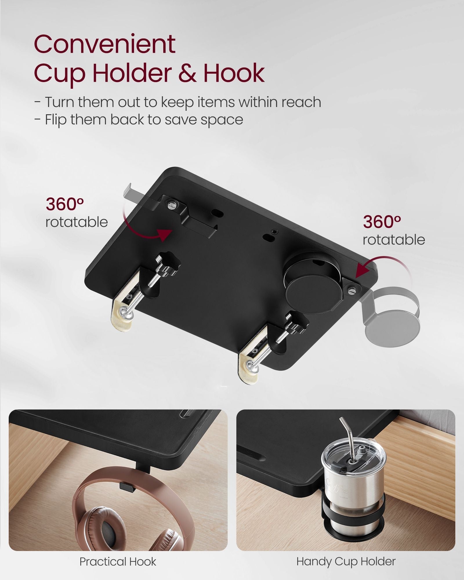 Bedside Shelf – Wood – Ink Black – Mobile Phone Slot, Cup Holder, and Hook