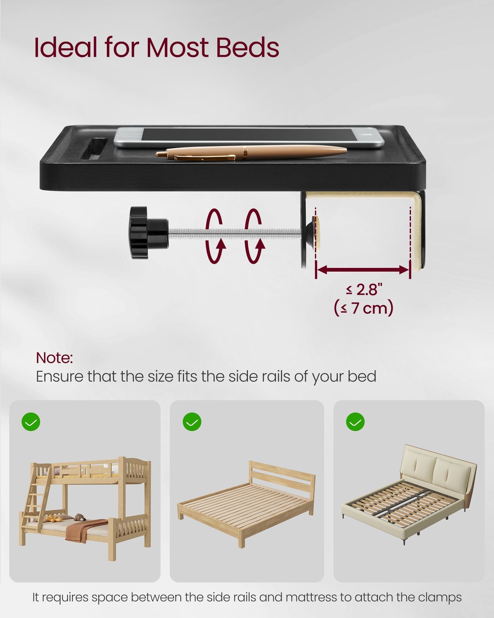 Bedside Shelf – Wood – Ink Black – Mobile Phone Slot, Cup Holder, and Hook