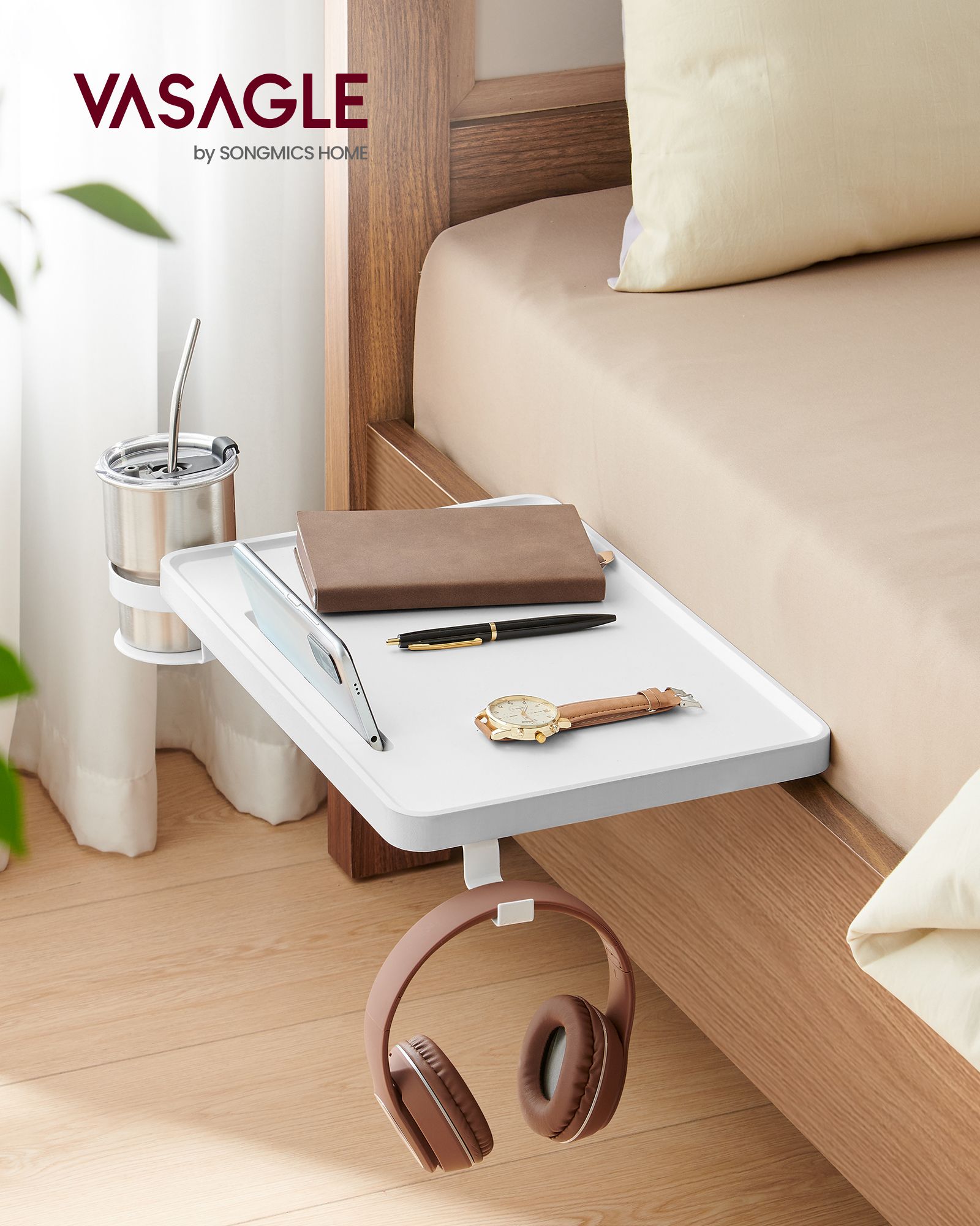 Bedside Table – MDF – Black – Adjustable Clamps with Hanging Tray and Cup Holder