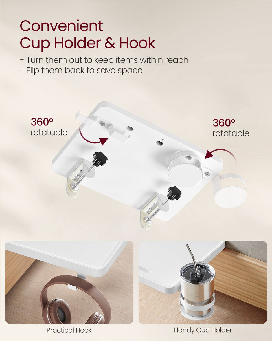 Bedside Table – MDF – Black – Adjustable Clamps with Hanging Tray and Cup Holder