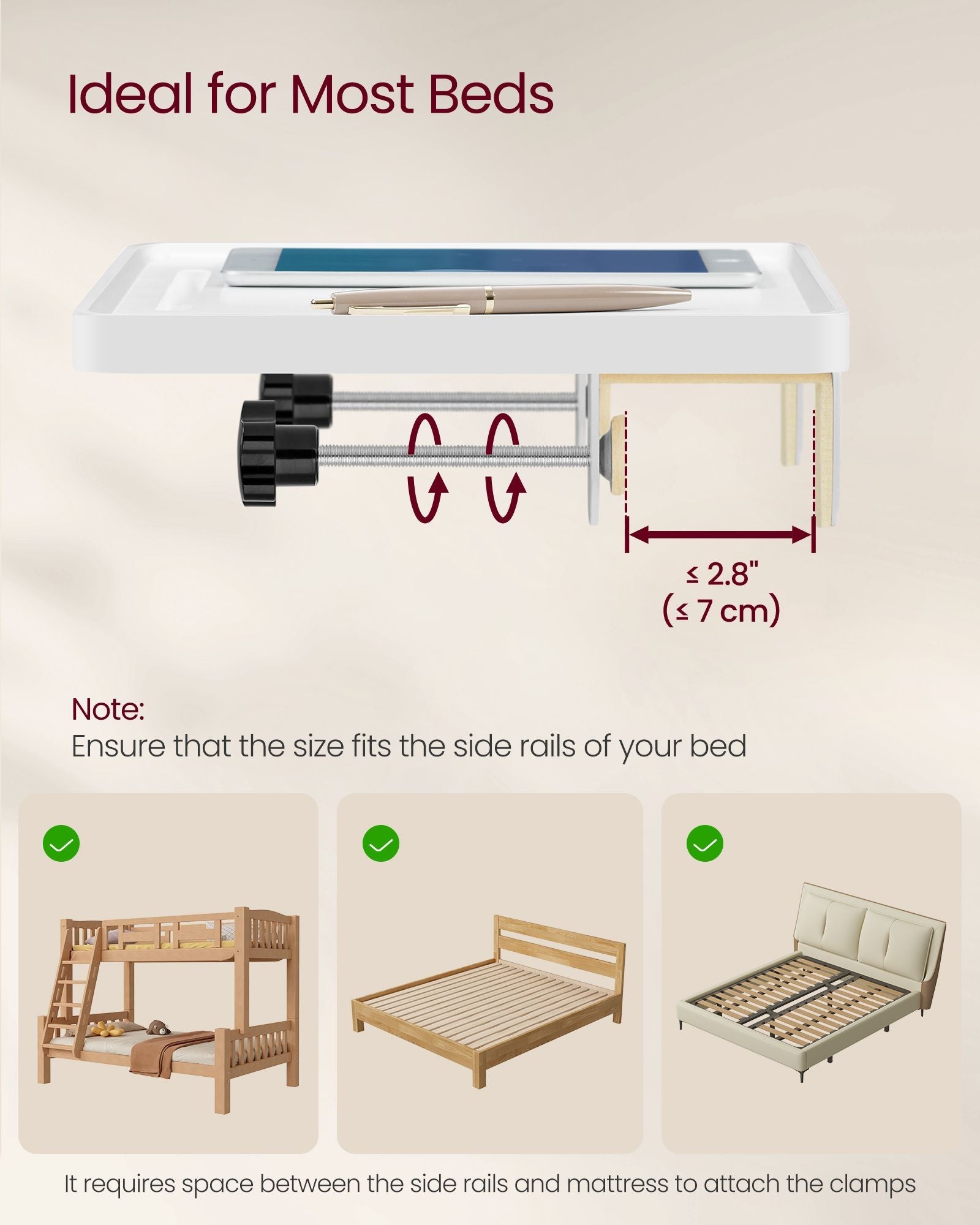 Bedside Table – MDF – Black – Adjustable Clamps with Hanging Tray and Cup Holder