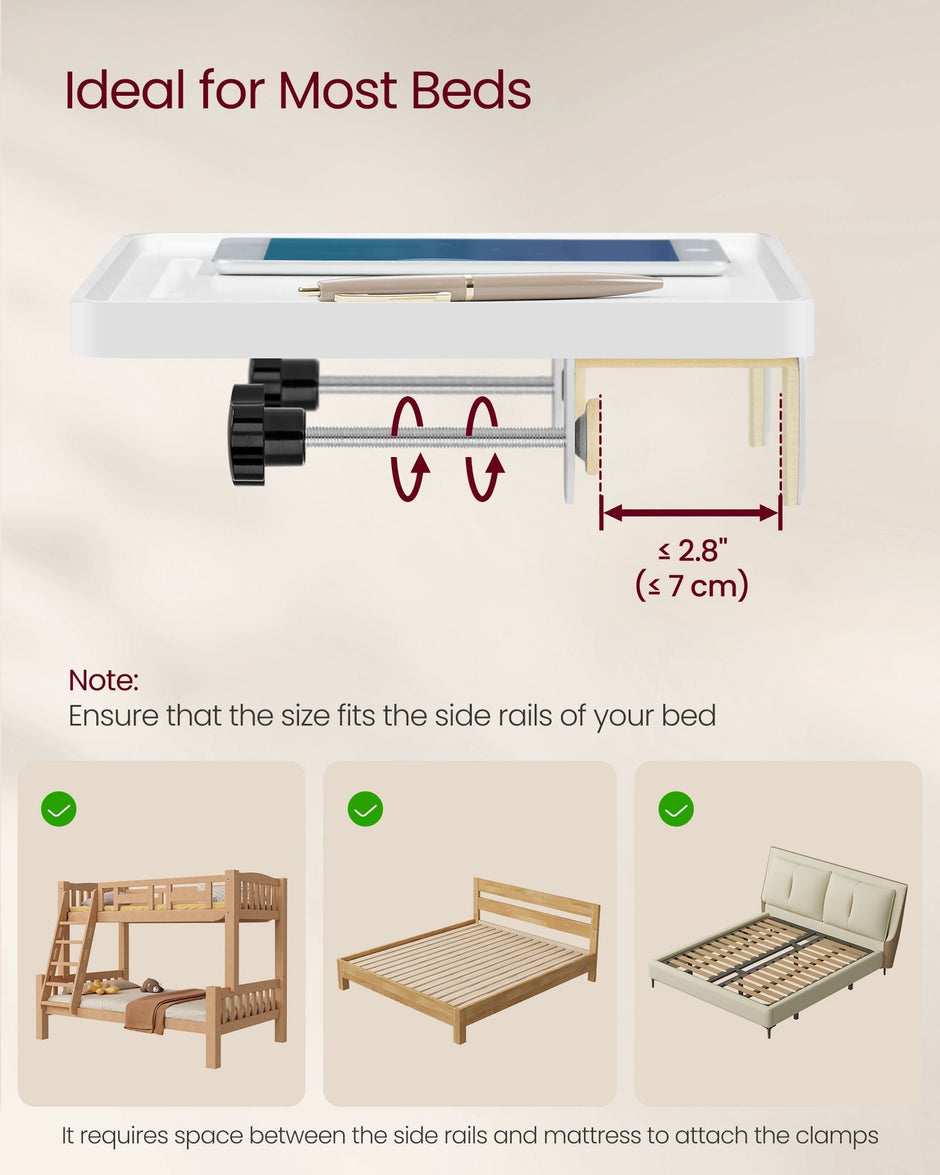 Bedside Table – MDF – Black – Adjustable Clamps with Hanging Tray and Cup Holder