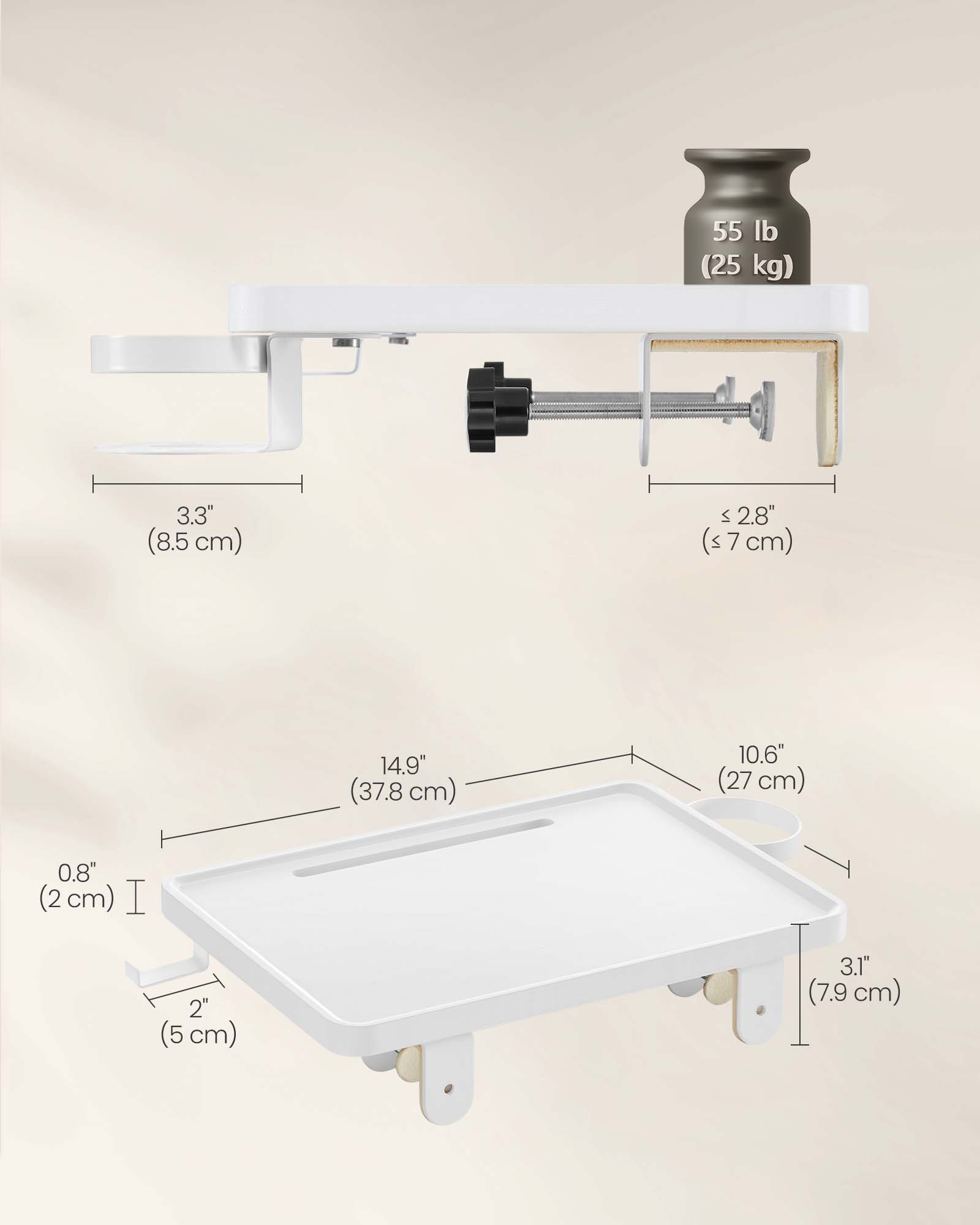 Bedside Table – MDF – Black – Adjustable Clamps with Hanging Tray and Cup Holder