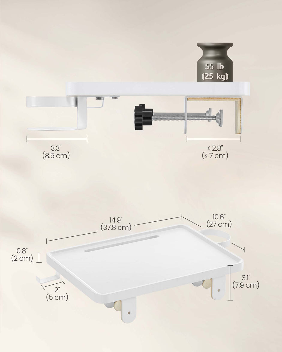 Bedside Table – MDF – Black – Adjustable Clamps with Hanging Tray and Cup Holder