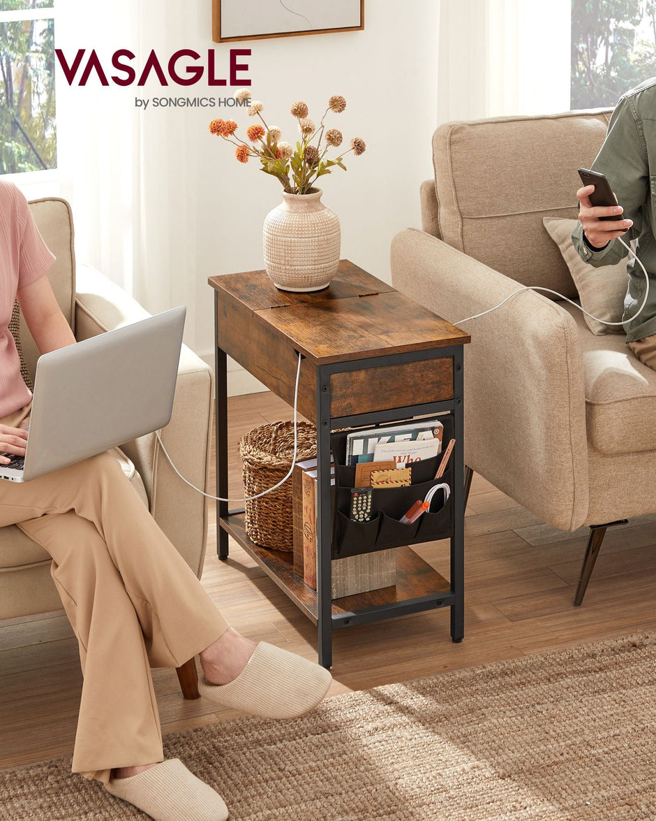 Slim Side Table – Wood and Metal – Rustic Brown and Black – Features Charging Station with USB Ports and Storage Bags