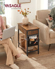 Slim Side Table – Wood and Metal – Rustic Brown and Black – Features Charging Station with USB Ports and Storage Bags