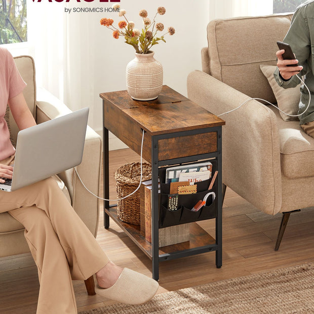 Slim Side Table – Wood and Metal – Rustic Brown and Black – Features Charging Station with USB Ports and Storage Bags