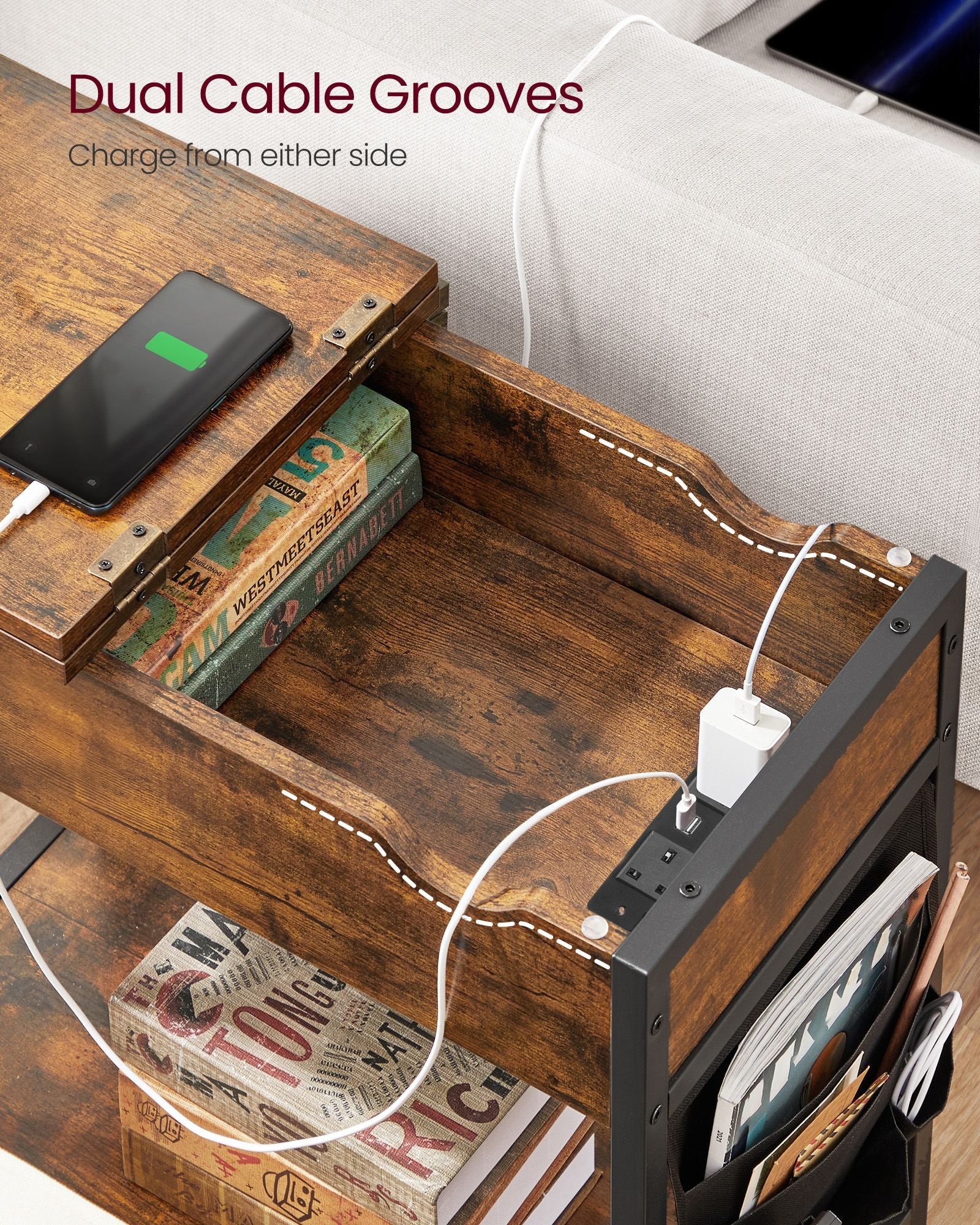 Slim Side Table – Wood and Metal – Rustic Brown and Black – Features Charging Station with USB Ports and Storage Bags