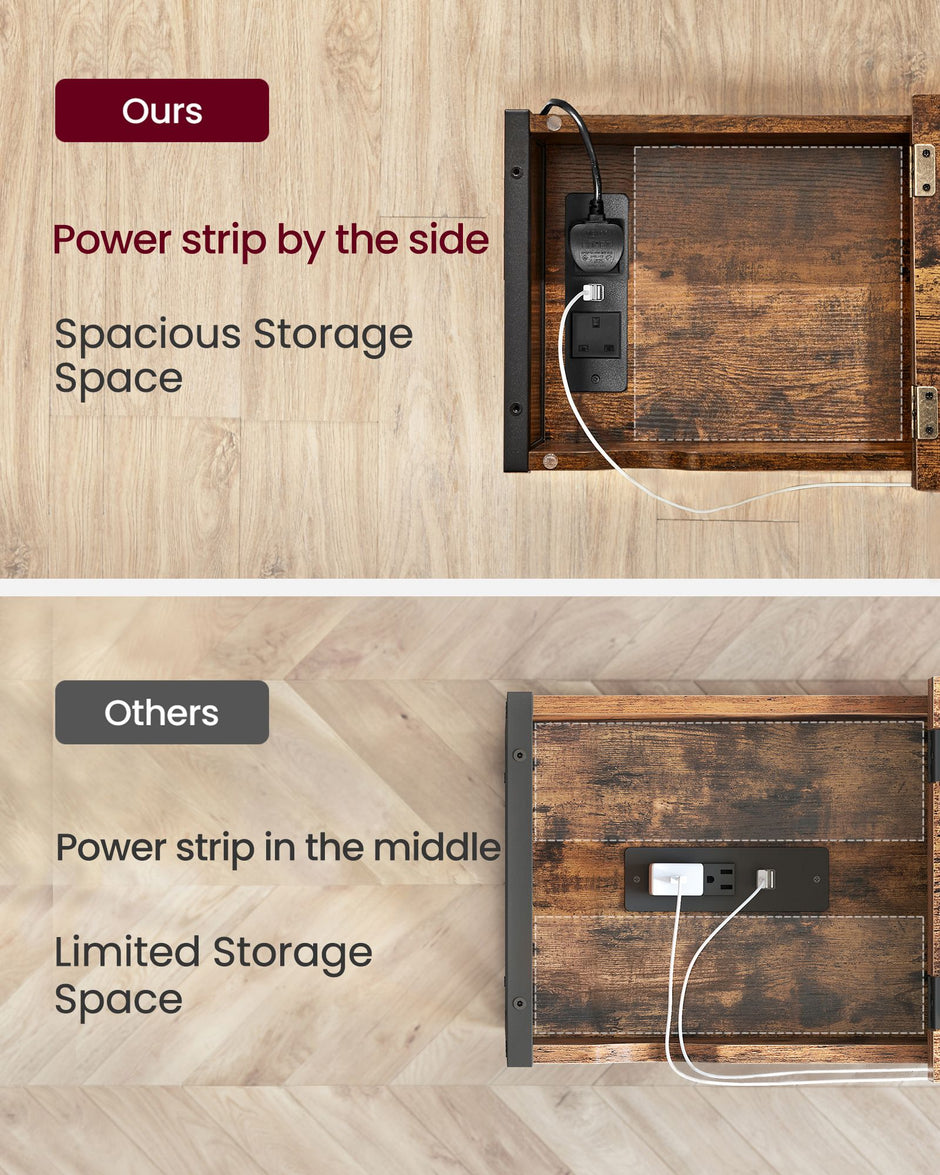 Slim Side Table – Wood and Metal – Rustic Brown and Black – Features Charging Station with USB Ports and Storage Bags