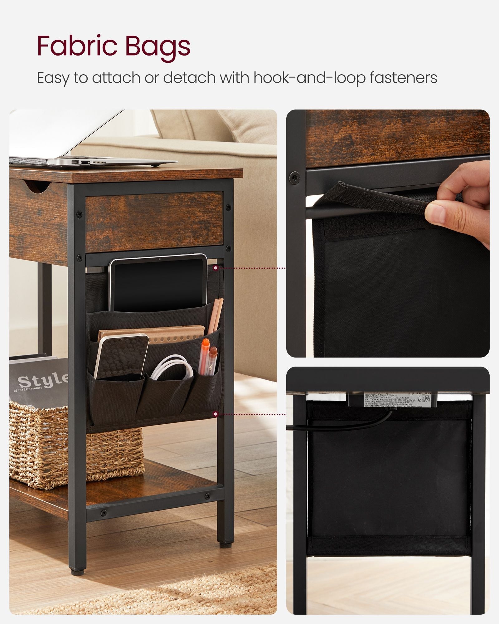 Slim Side Table – Wood and Metal – Rustic Brown and Black – Features Charging Station with USB Ports and Storage Bags