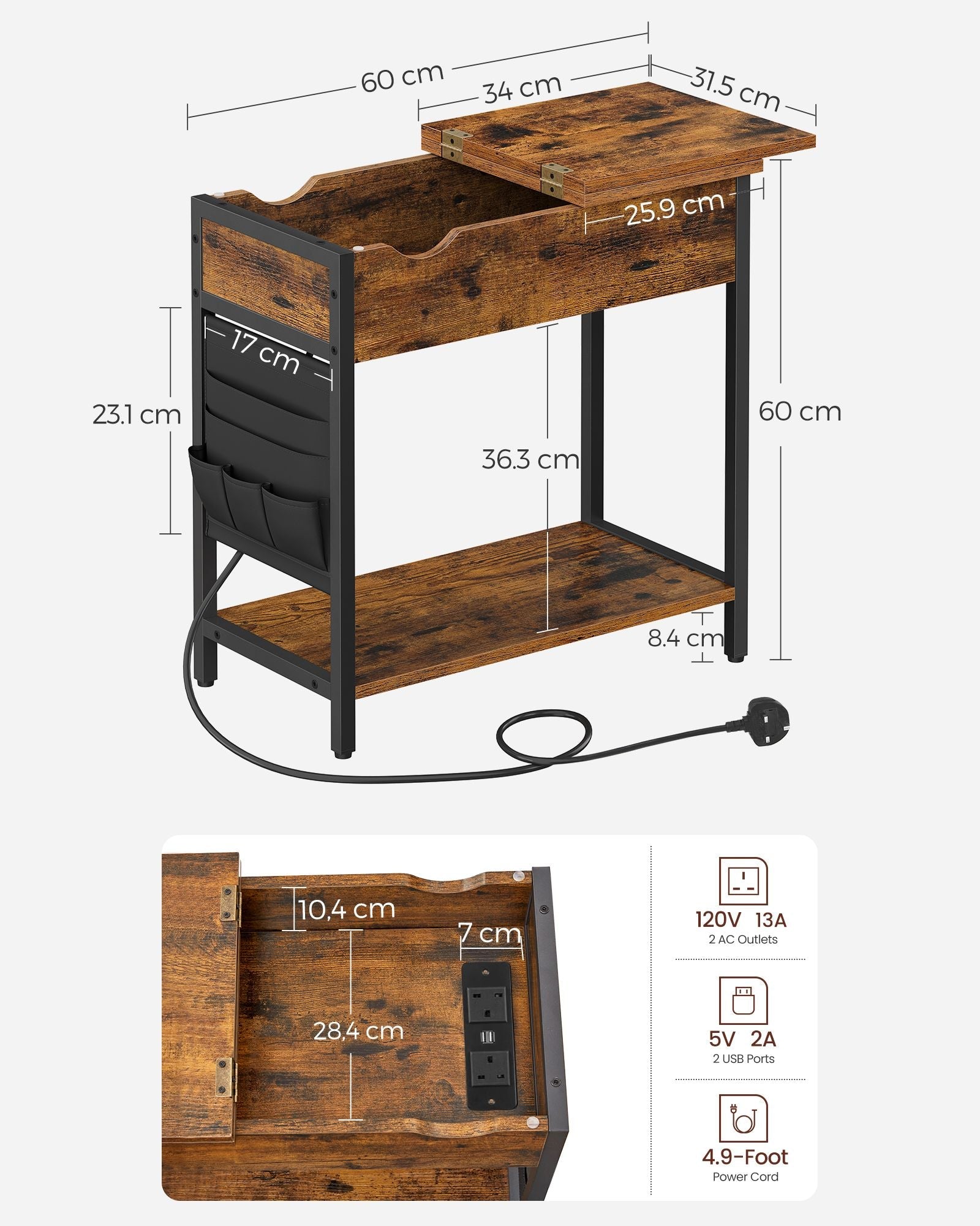 Slim Side Table – Wood and Metal – Rustic Brown and Black – Features Charging Station with USB Ports and Storage Bags