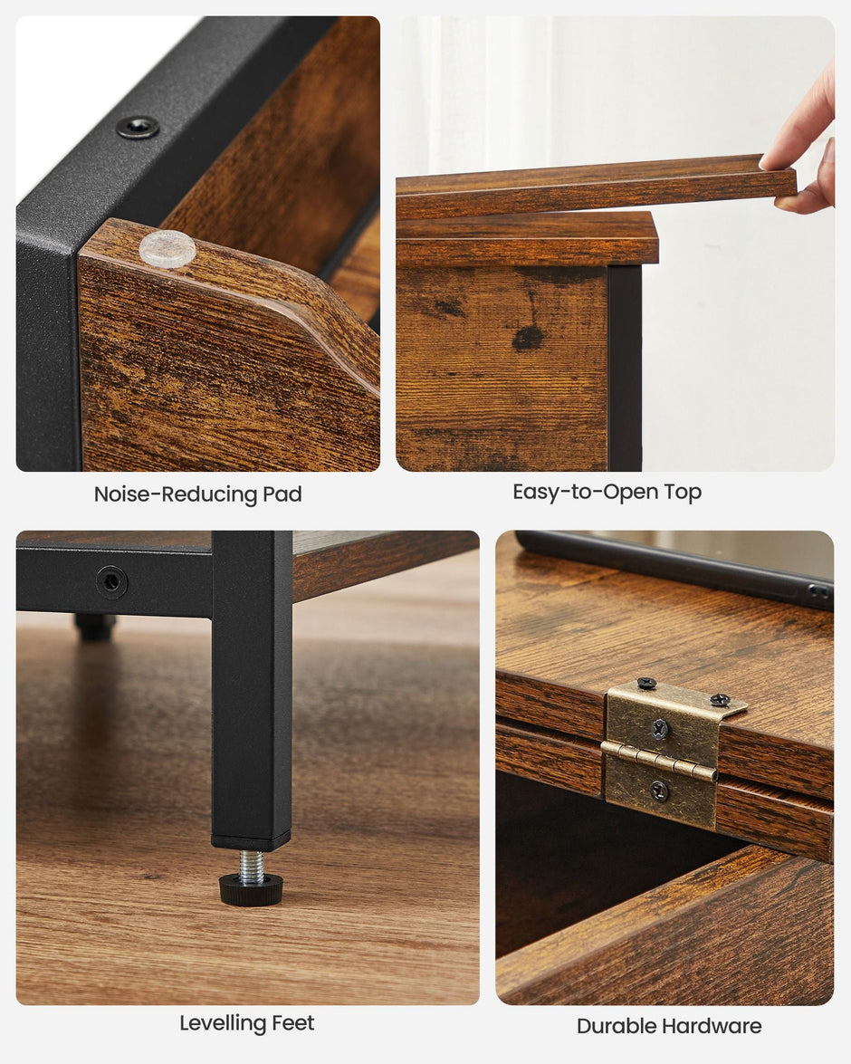 Slim Side Table – Wood and Metal – Rustic Brown and Black – Features Charging Station with USB Ports and Storage Bags