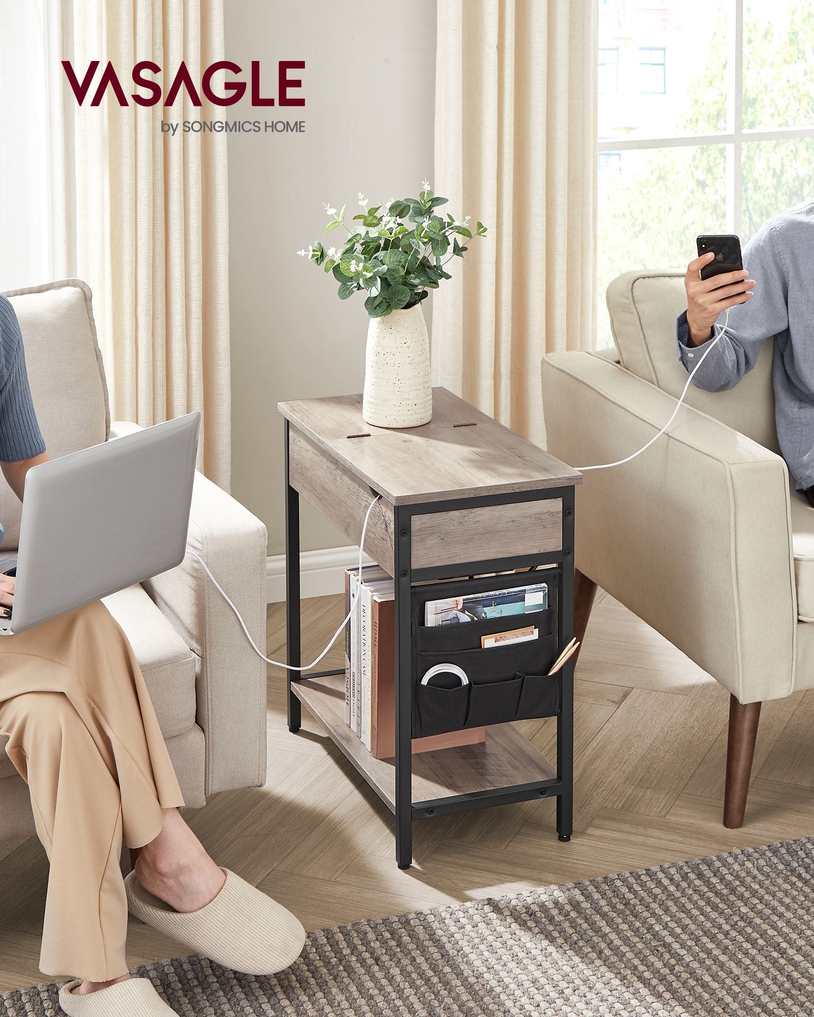 Slim Side Table – Wood and Metal – Rustic Brown and Black – Charging Station with USB Ports and Outlets