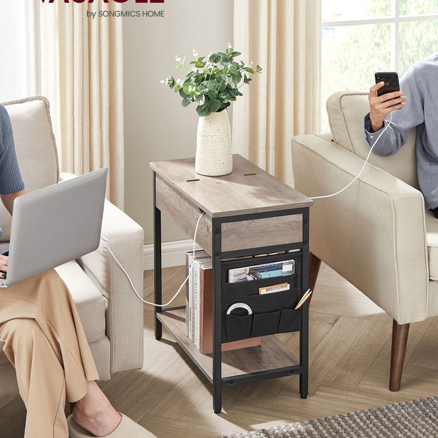Slim Side Table – Wood and Metal – Rustic Brown and Black – Charging Station with USB Ports and Outlets
