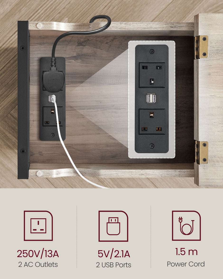 Slim Side Table – Wood and Metal – Rustic Brown and Black – Charging Station with USB Ports and Outlets