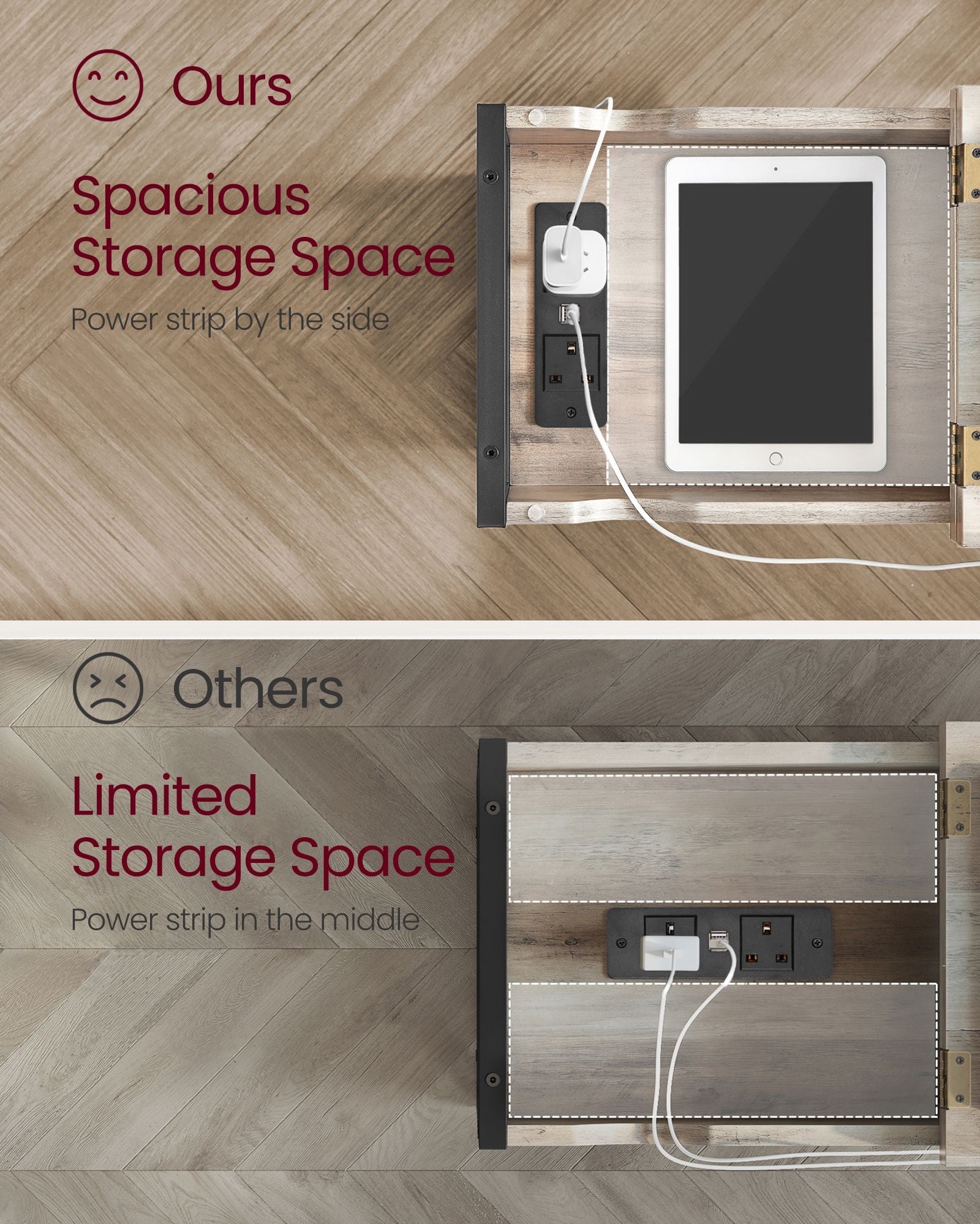 Slim Side Table – Wood and Metal – Rustic Brown and Black – Charging Station with USB Ports and Outlets