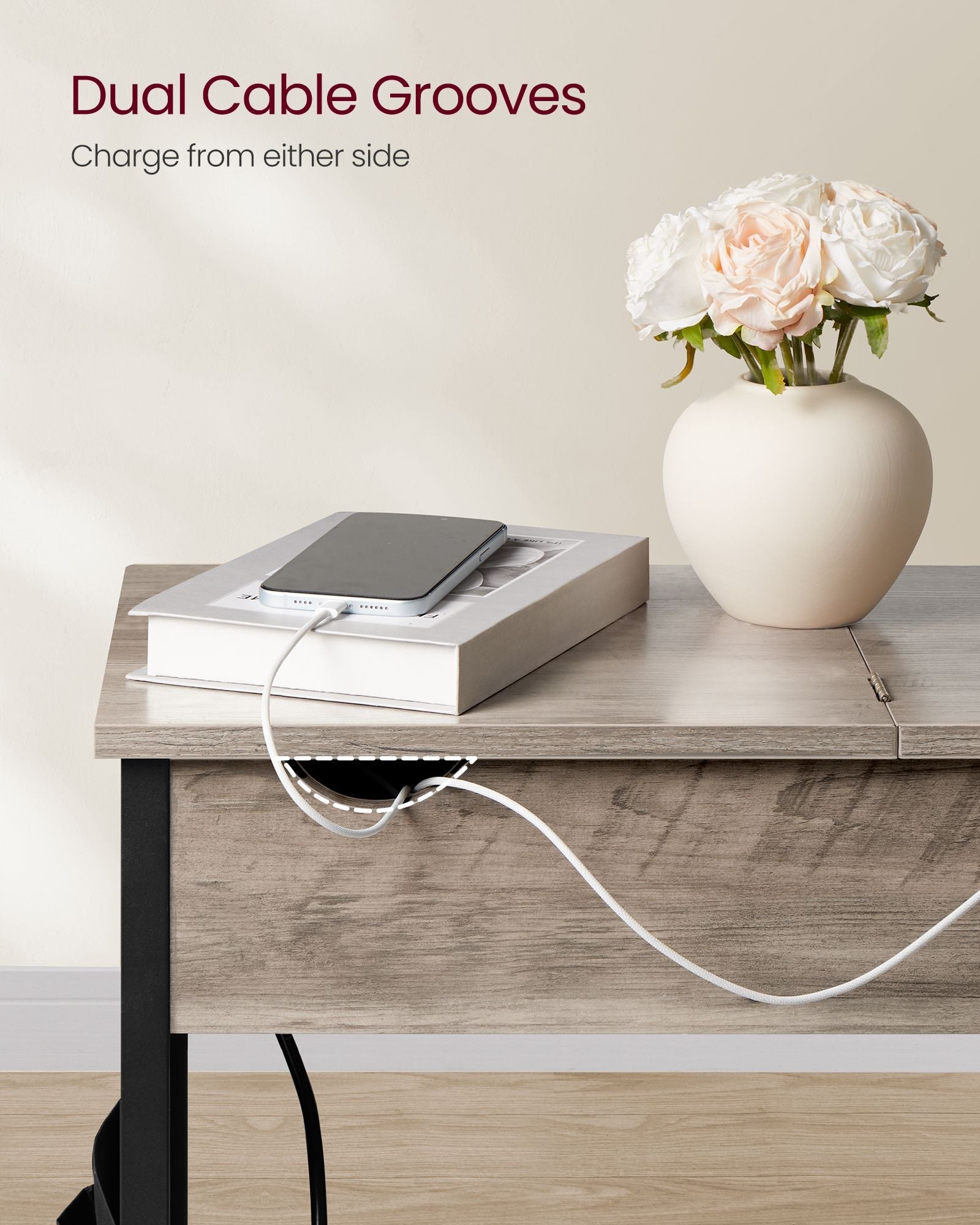 Slim Side Table – Wood and Metal – Rustic Brown and Black – Charging Station with USB Ports and Outlets