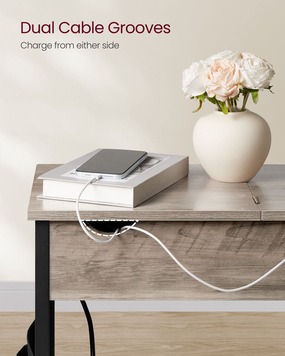 Slim Side Table – Wood and Metal – Rustic Brown and Black – Charging Station with USB Ports and Outlets