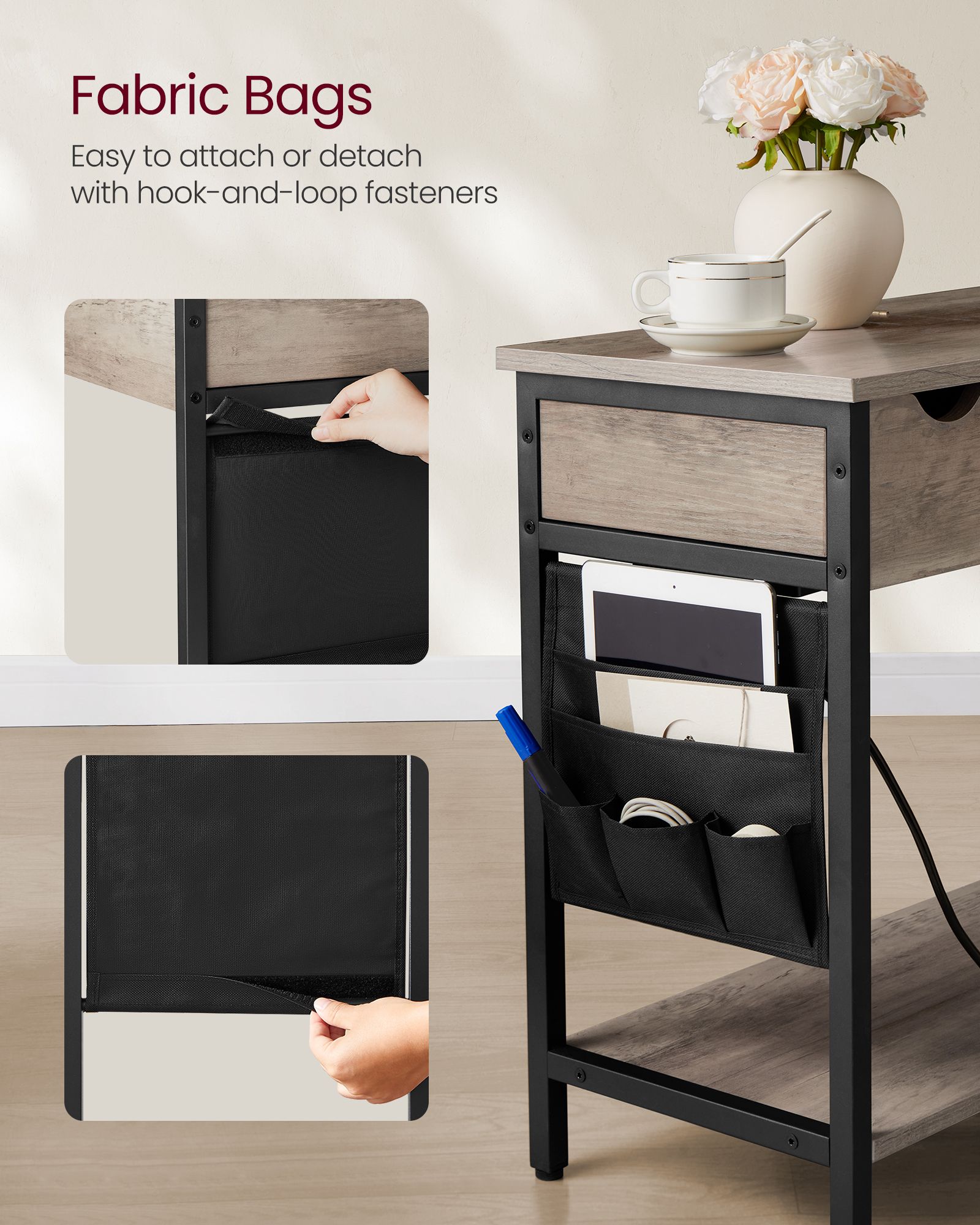Slim Side Table – Wood and Metal – Rustic Brown and Black – Charging Station with USB Ports and Outlets