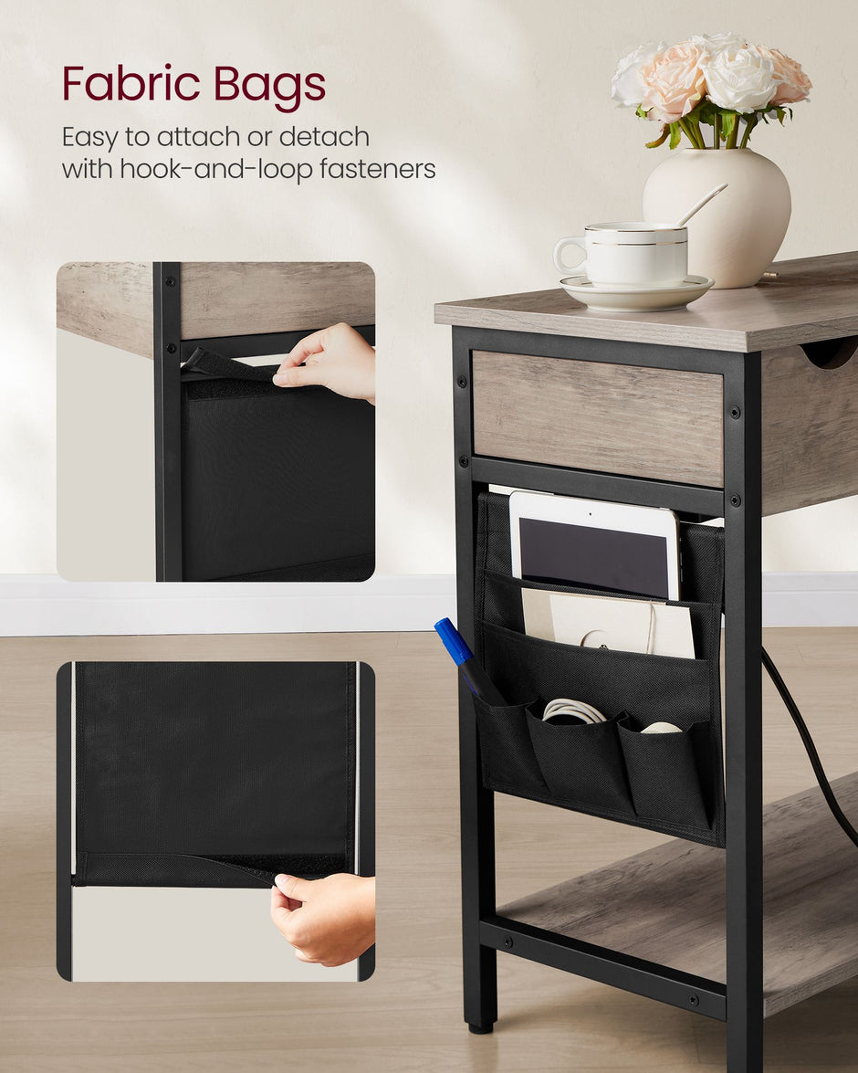 Slim Side Table – Wood and Metal – Rustic Brown and Black – Charging Station with USB Ports and Outlets