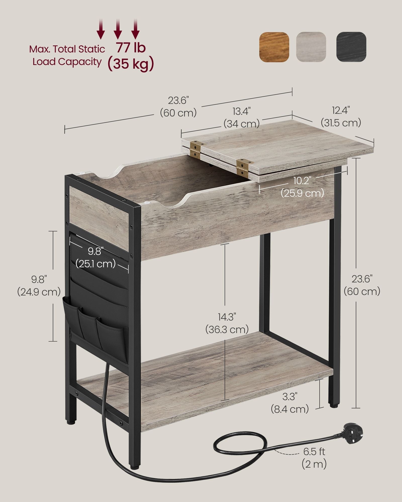 Slim Side Table – Wood and Metal – Rustic Brown and Black – Charging Station with USB Ports and Outlets
