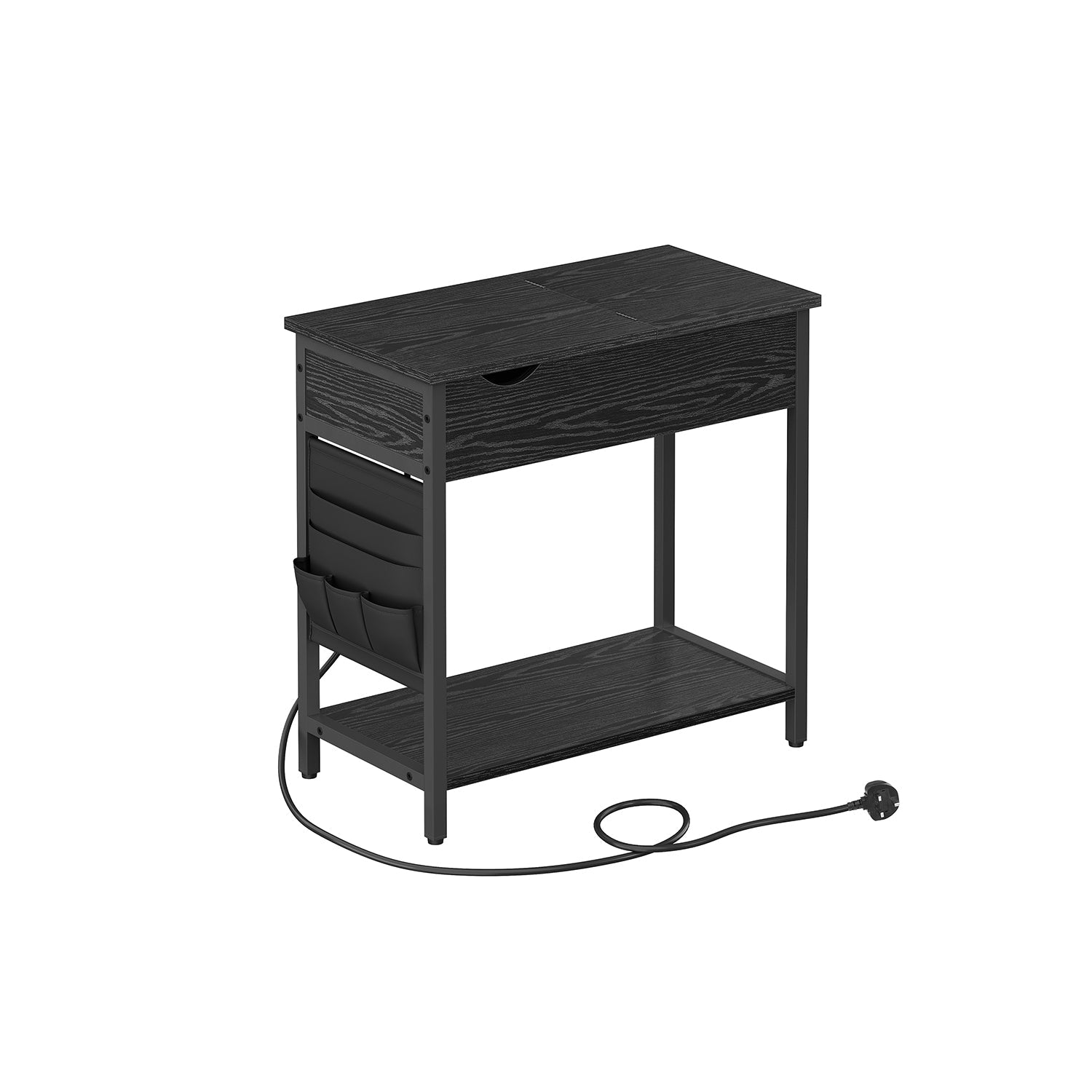 Narrow Nightstand – Wood and Metal – Rustic Brown and Black – Integrated Charging Station with USB Ports and Storage Bags