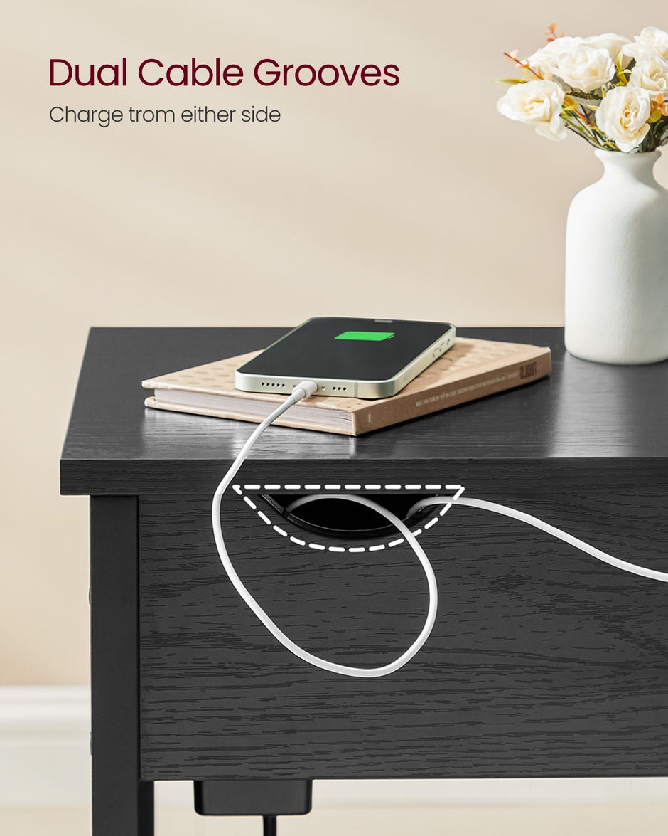 Narrow Nightstand – Wood and Metal – Rustic Brown and Black – Integrated Charging Station with USB Ports and Storage Bags