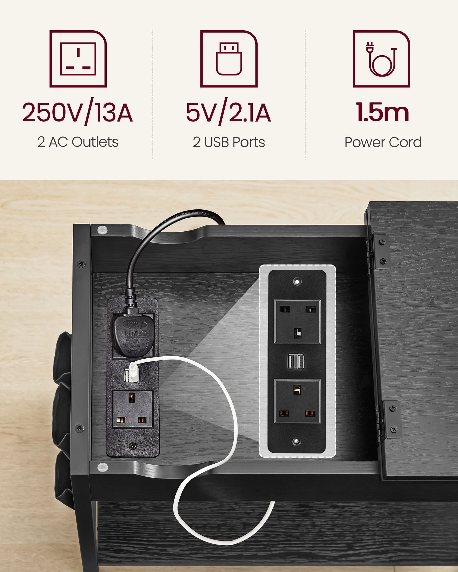 Narrow Nightstand – Wood and Metal – Rustic Brown and Black – Integrated Charging Station with USB Ports and Storage Bags