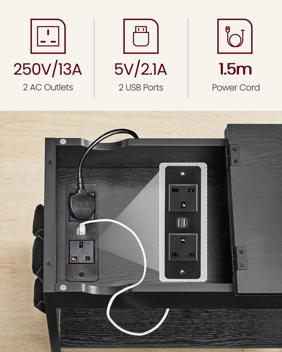 Narrow Nightstand – Wood and Metal – Rustic Brown and Black – Integrated Charging Station with USB Ports and Storage Bags