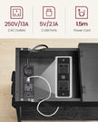 Narrow Nightstand – Wood and Metal – Rustic Brown and Black – Integrated Charging Station with USB Ports and Storage Bags