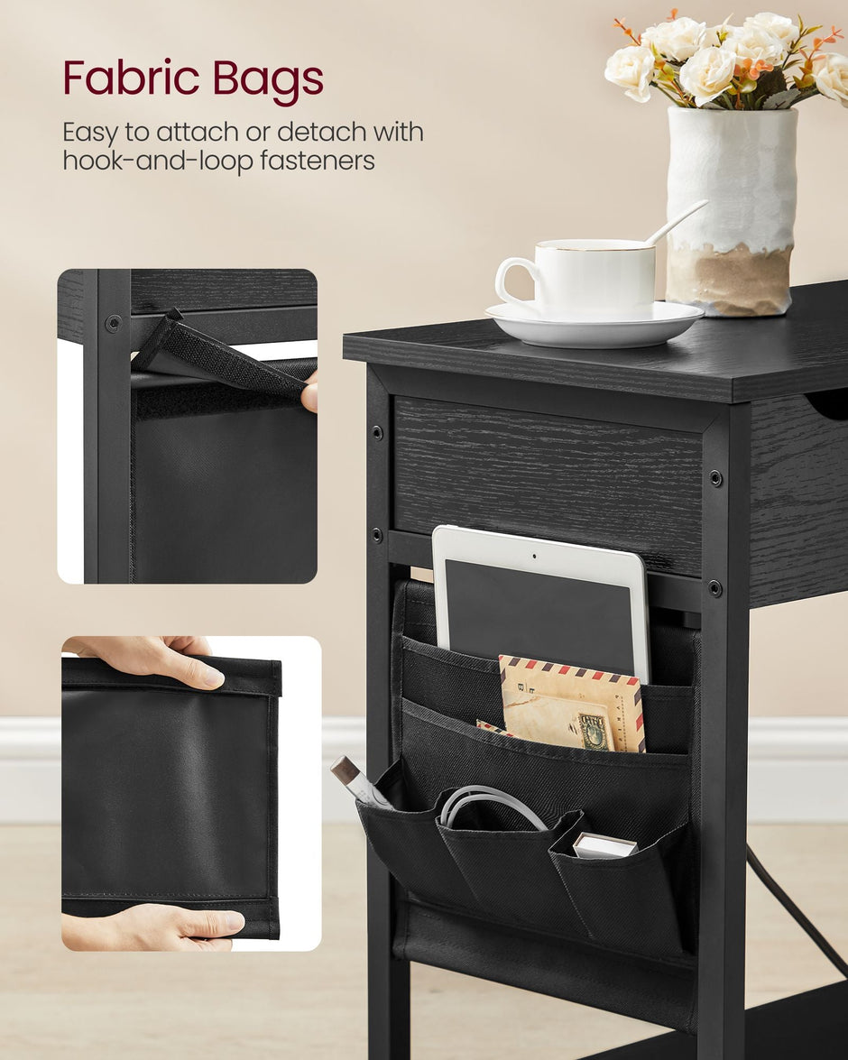 Narrow Nightstand – Wood and Metal – Rustic Brown and Black – Integrated Charging Station with USB Ports and Storage Bags
