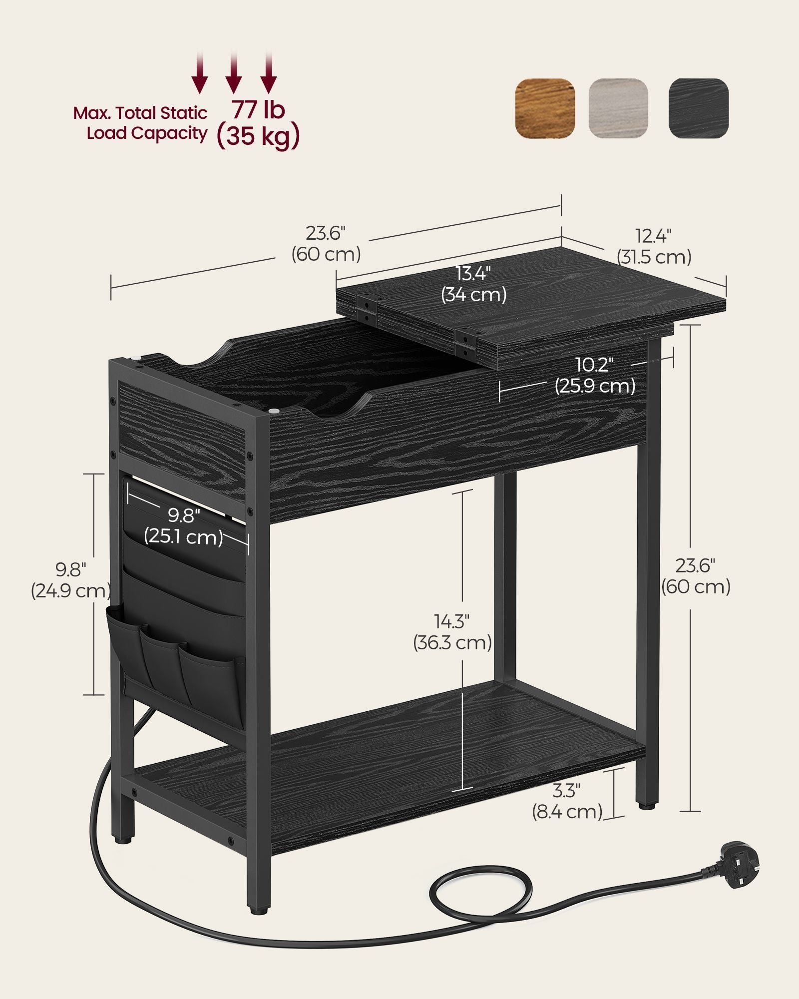 Narrow Nightstand – Wood and Metal – Rustic Brown and Black – Integrated Charging Station with USB Ports and Storage Bags