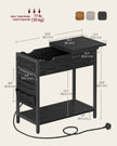 Narrow Nightstand – Wood and Metal – Rustic Brown and Black – Integrated Charging Station with USB Ports and Storage Bags