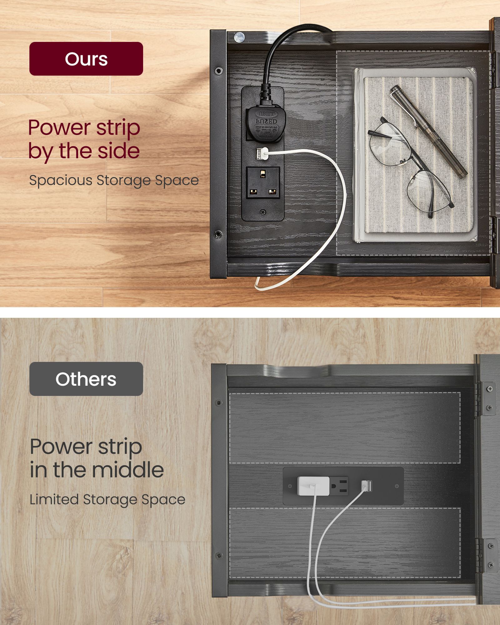 Narrow Nightstand – Wood and Metal – Rustic Brown and Black – Integrated Charging Station with USB Ports and Storage Bags