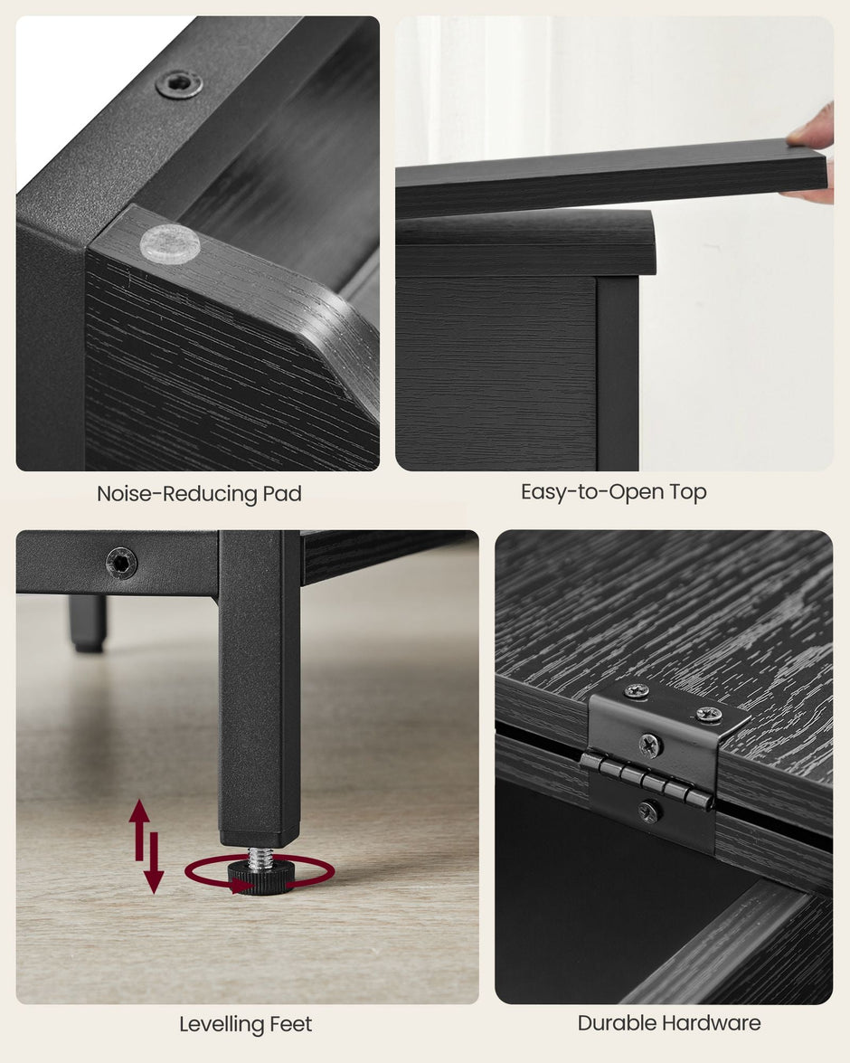 Narrow Nightstand – Wood and Metal – Rustic Brown and Black – Integrated Charging Station with USB Ports and Storage Bags